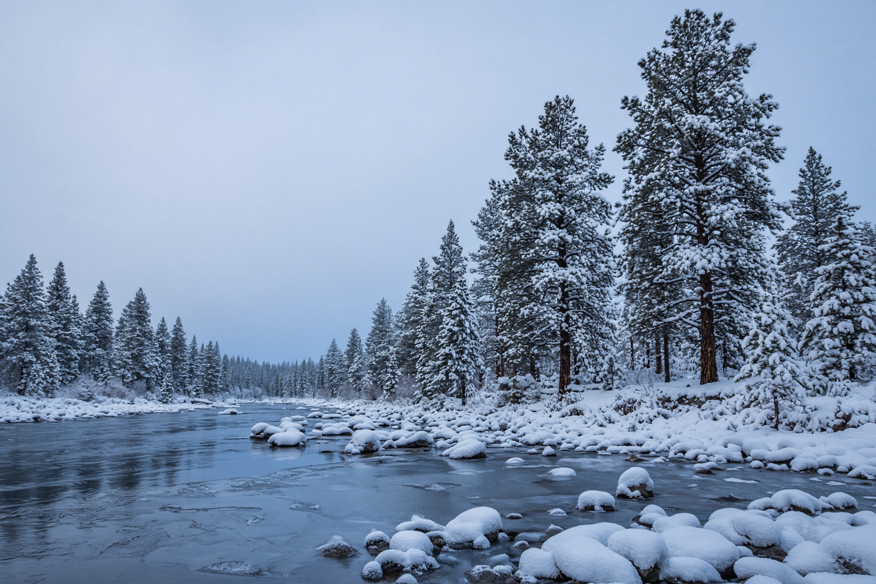 Winter pines along a quiet stretch of river